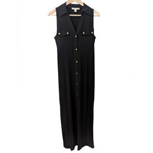 MICHAEL KORS Snap Front Sleeveless Collared Maxi Dress Medium Black